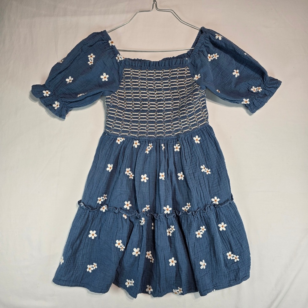Rare Editions Girls Blue Daisy Embroidered Smocked Tiered Gauze Dress Size 10